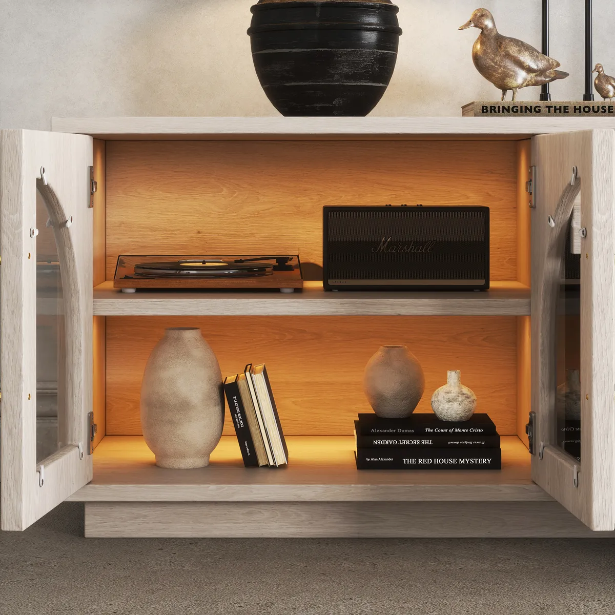 Arune 72" Japandi Whitewash TV Stand Coffee Table Set with LED Lights and Arched Glass Cabinet Doors — image 9
