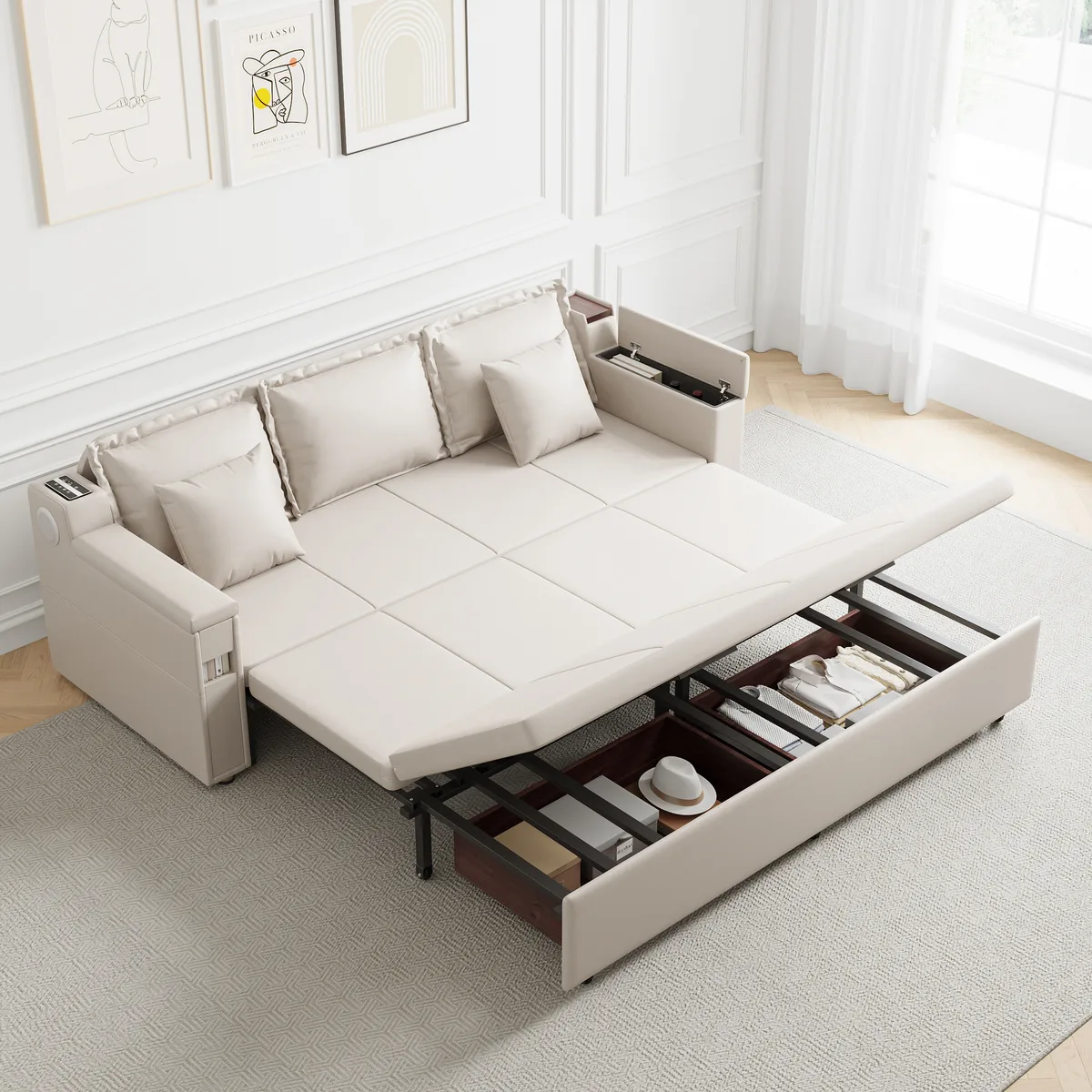82.7" Convertible Bed King Sleeper Sofa Leath-aire Upholstered Storage with Speaker