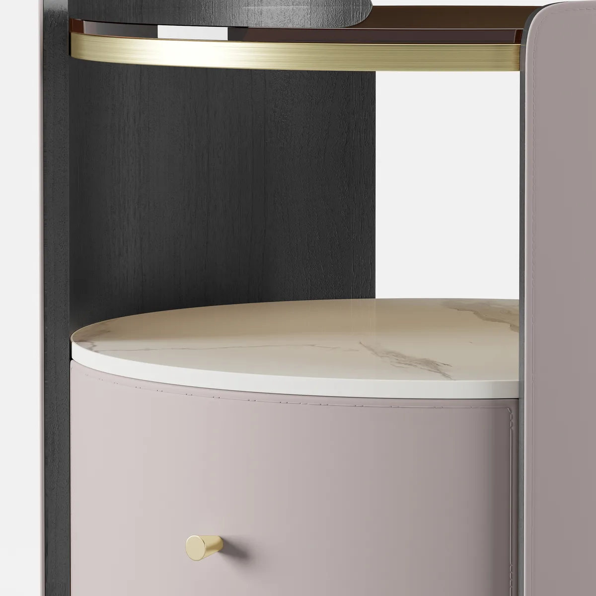 Modern Round Gray Leather Nightstand with Glass Top & Sintered Stone Bedside — image 7
