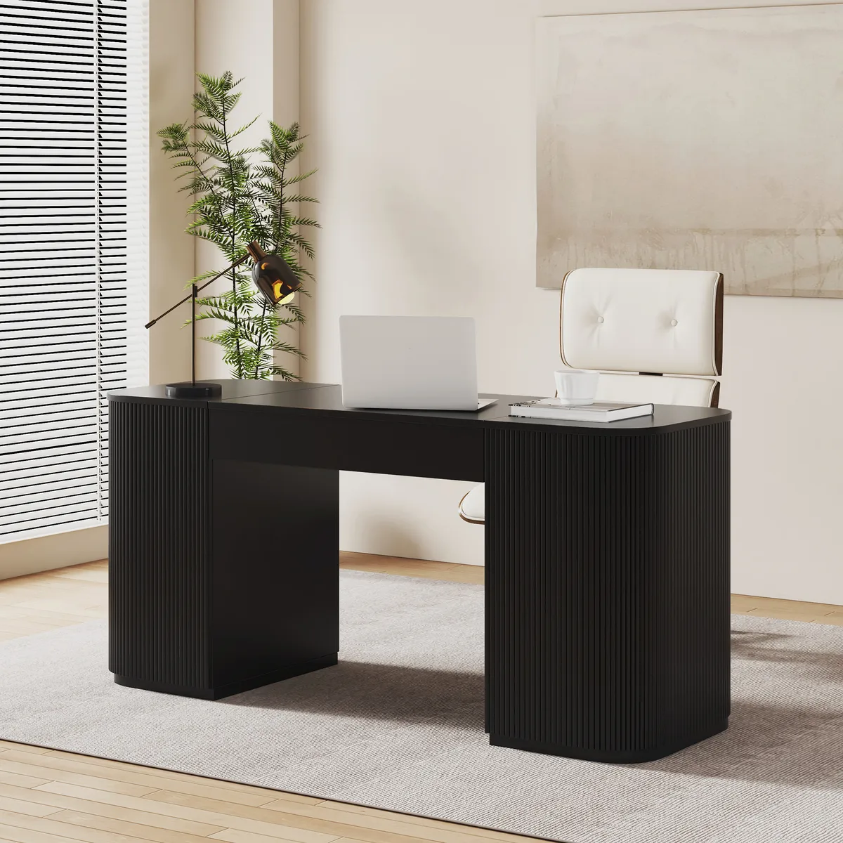 Modern 60" Black Standing Office Desk & Sliding Door Etagere Bookshelf — image 7