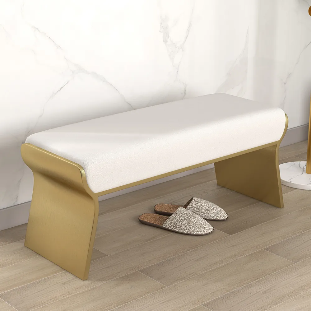 Beige Modern Stainless Steel Bench Leath-Aire Upholstered Bedroom — image 4