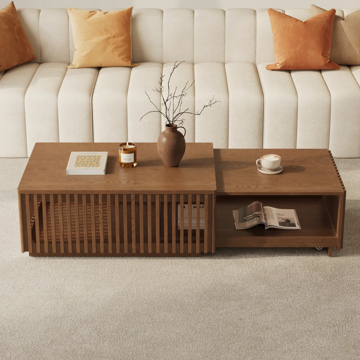 Homary Modern 33"-55" Mid-Century Extendable Walnut Coffee Table with Storage — image 3