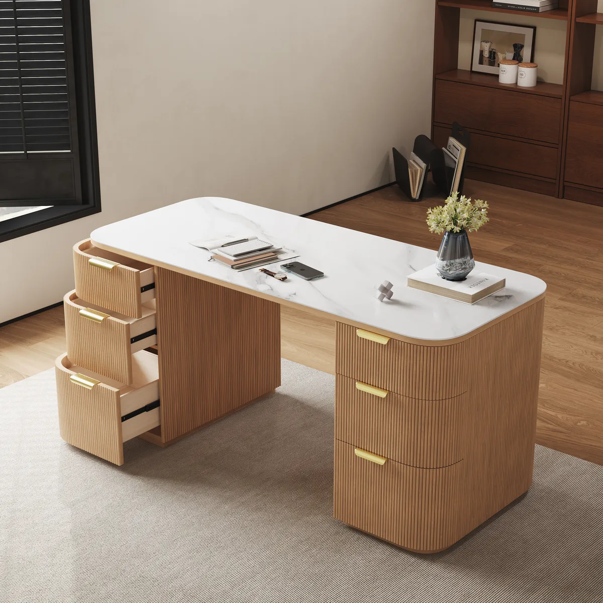 Walnut Ash Wood & Sintered Stone Rectangle Desk with 6 Drawers (63.8") — image 2