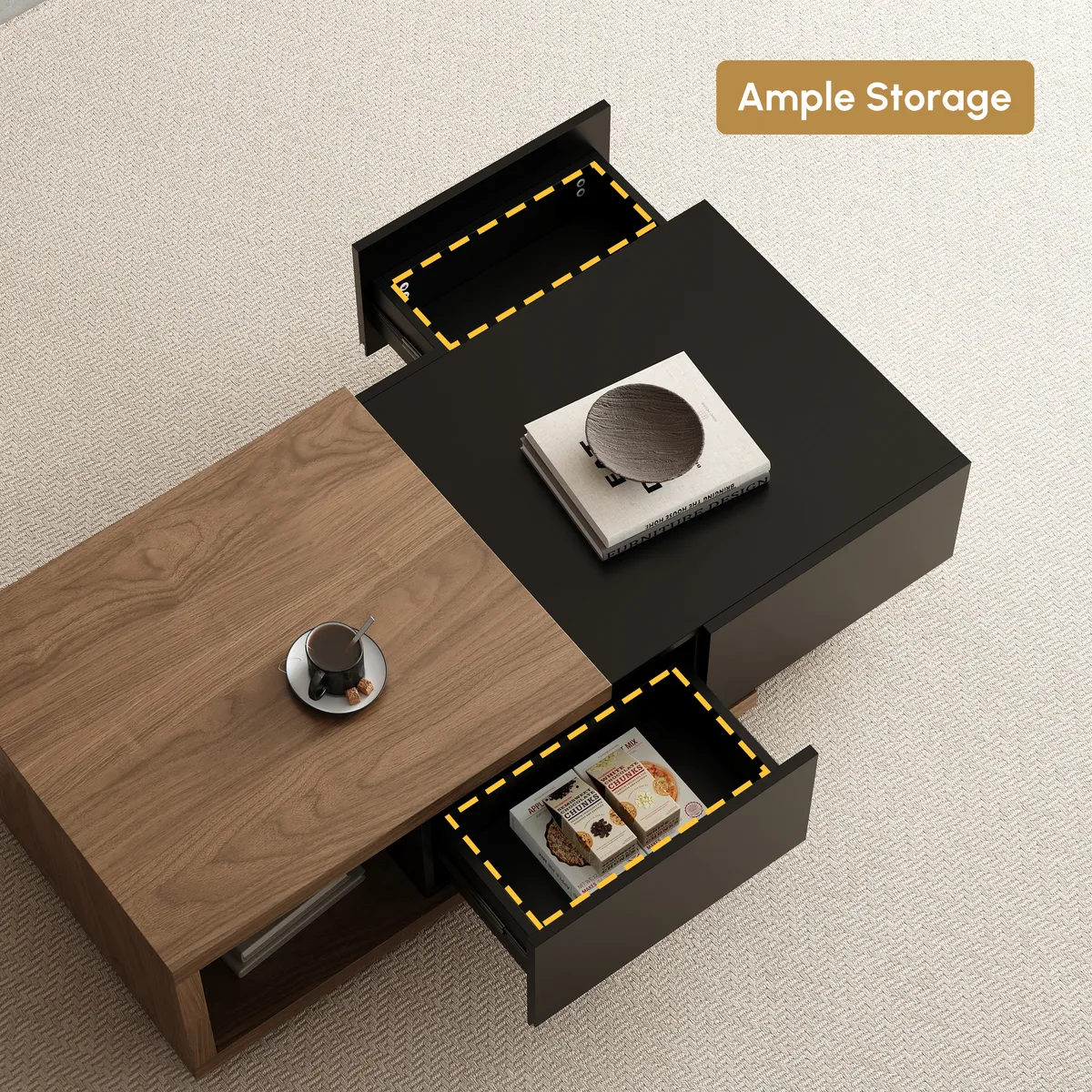 Quoint 68.9" Modern White Coffee Table Retracted & Extendable with 2-Drawer — image 11