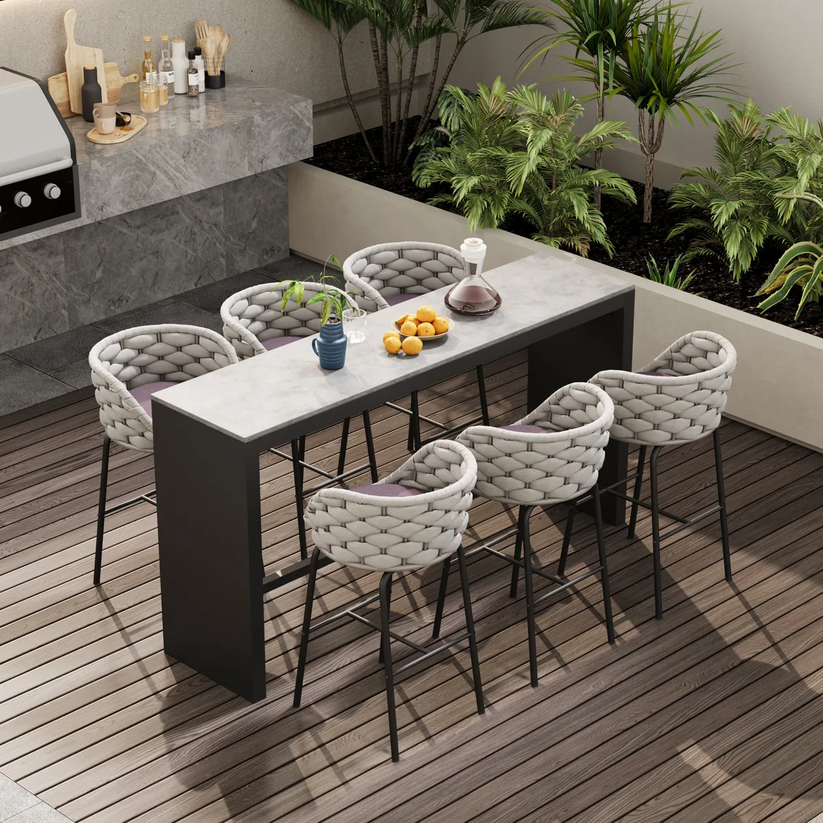 7-Piece Outdoor Sintered Stone & Aluminum Bar Dining Set with 6 Bar Stools — image 12