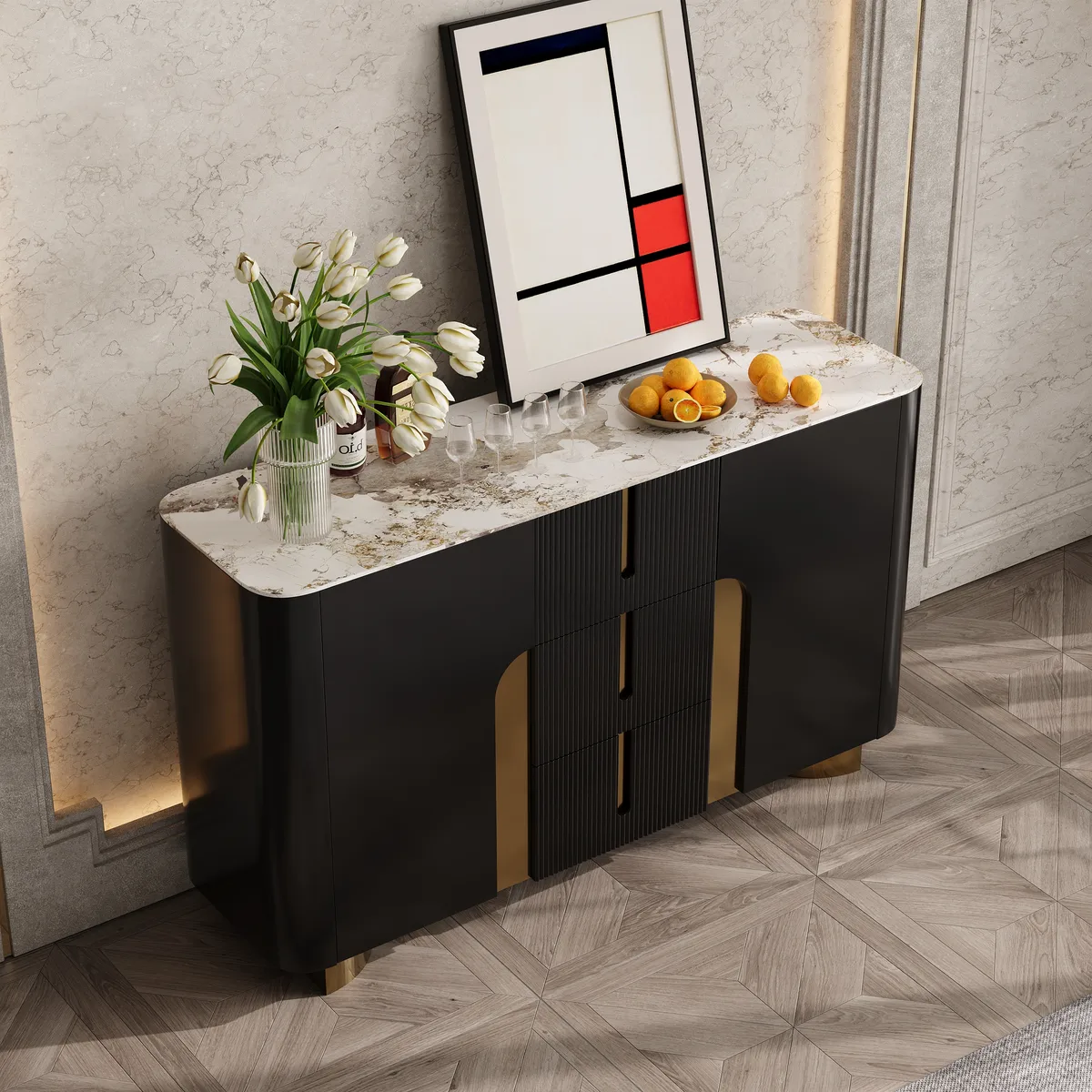 Artis Modern White 59"W Sintered Stone Sideboard 3 Drawers Kitchen Buffet Table — image 2