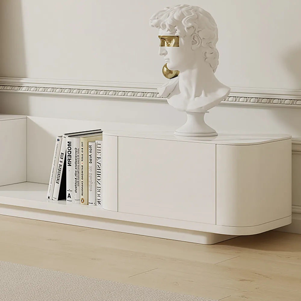 107.8" Off White Modern Wood Extendable TV Stand with 4 Drawer Retracted Cream Media Console — image 7