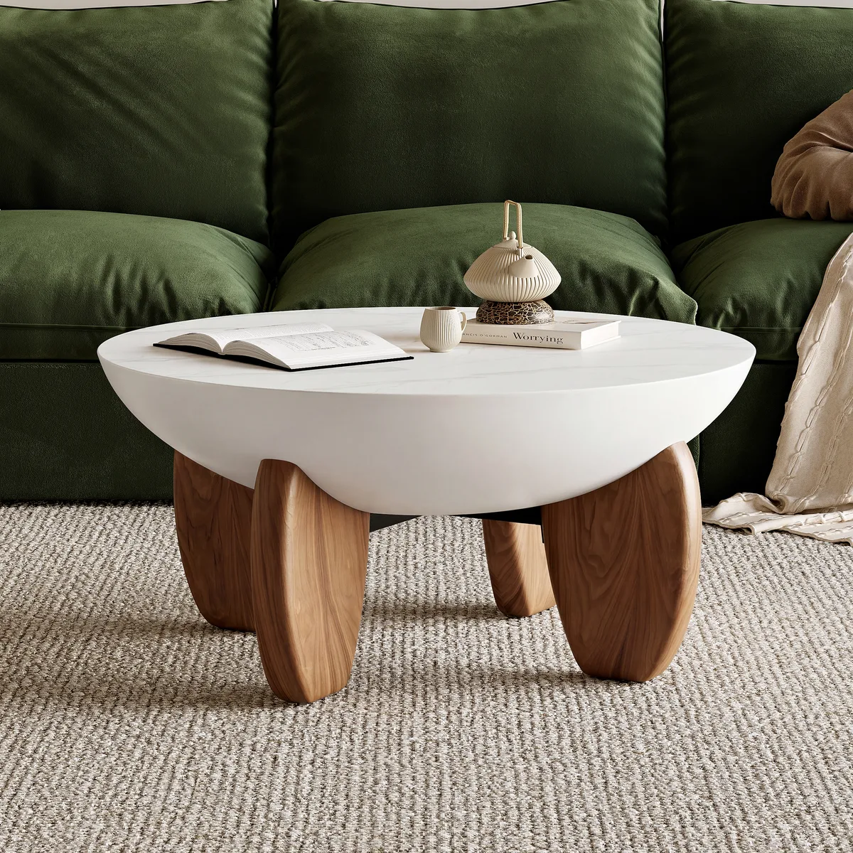 Curva Round Concrete Walnut Coffee Table with Wood Legs — image 2