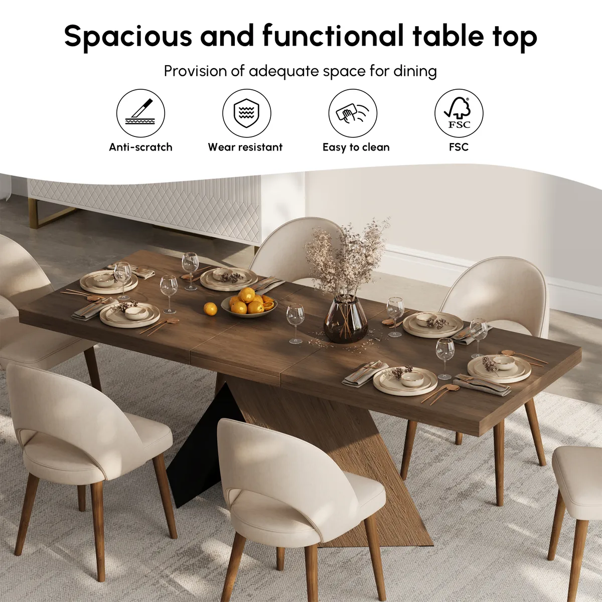Dining Table Set 64"-79" Rectangle Extendable Dining Table & 4 Archic Japandi Rattan Dining Chairs — image 9