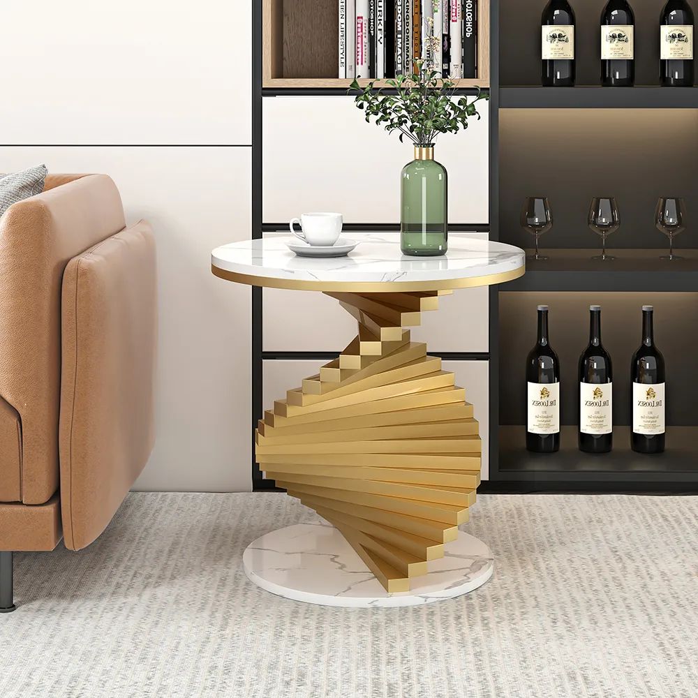 Round Marble Tabletop End Table with Metal Frame Modern Black & Gold Side Table — image 3