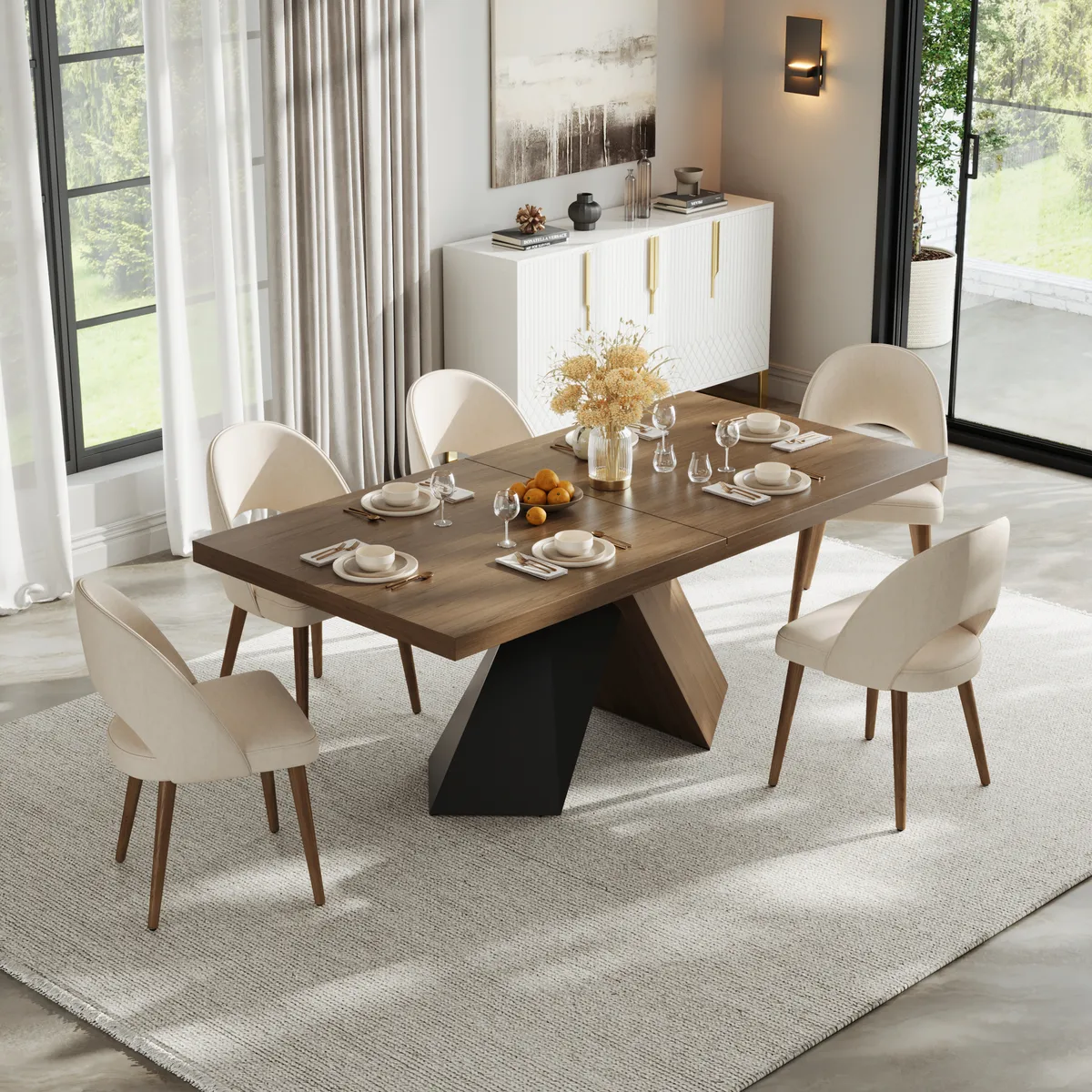 Dining Table Set 64"-79" Rectangle Extendable Dining Table & 4 Archic Japandi Rattan Dining Chairs — image 16
