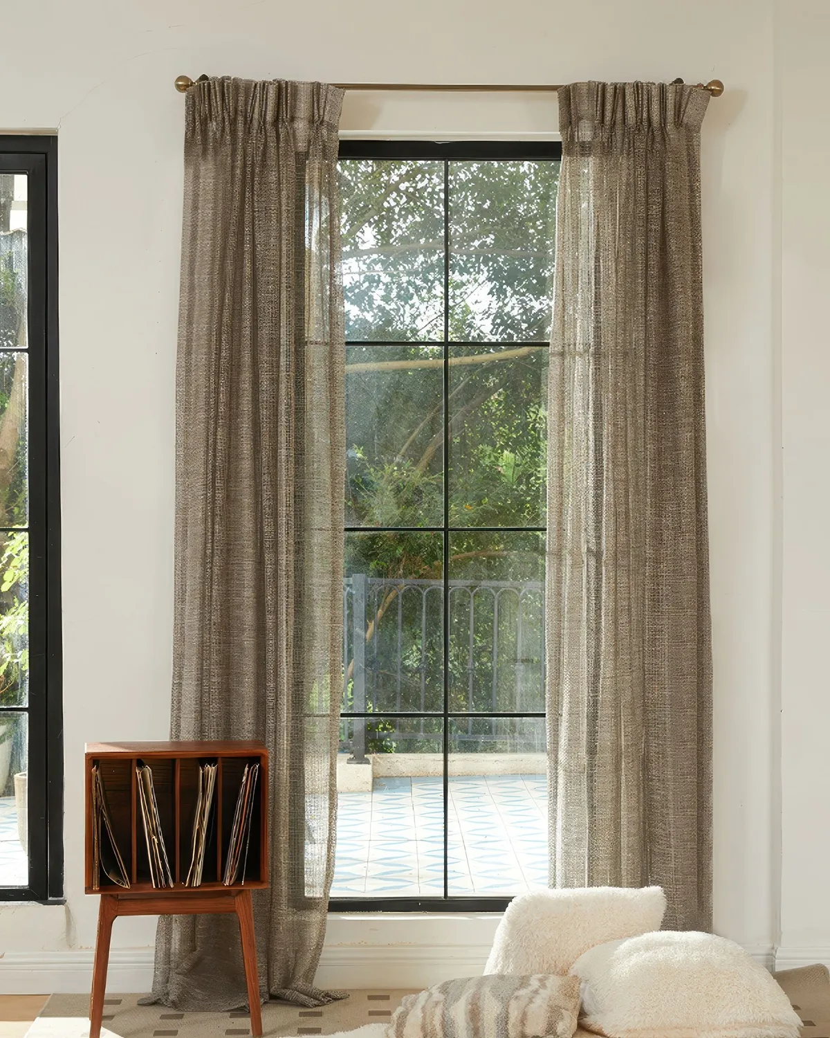 Manhattan 35 x 107 Inch Double French Pinch Pleat Black Gold Linen Grid Sheer Curtain