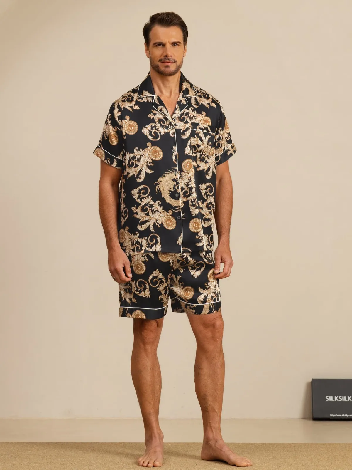 100% Mulberry Silk Men's Dragon Print Short Sleeve Lapel Collar Pajamas Set — image 3