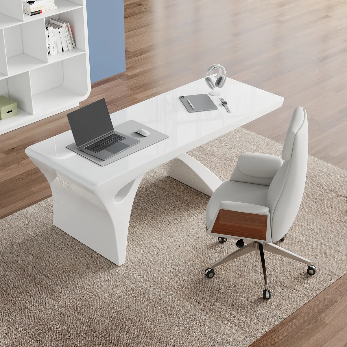 55" Modern White Computer Desk & Leather Office Desk Chair Set High Back Adjustable — image 2
