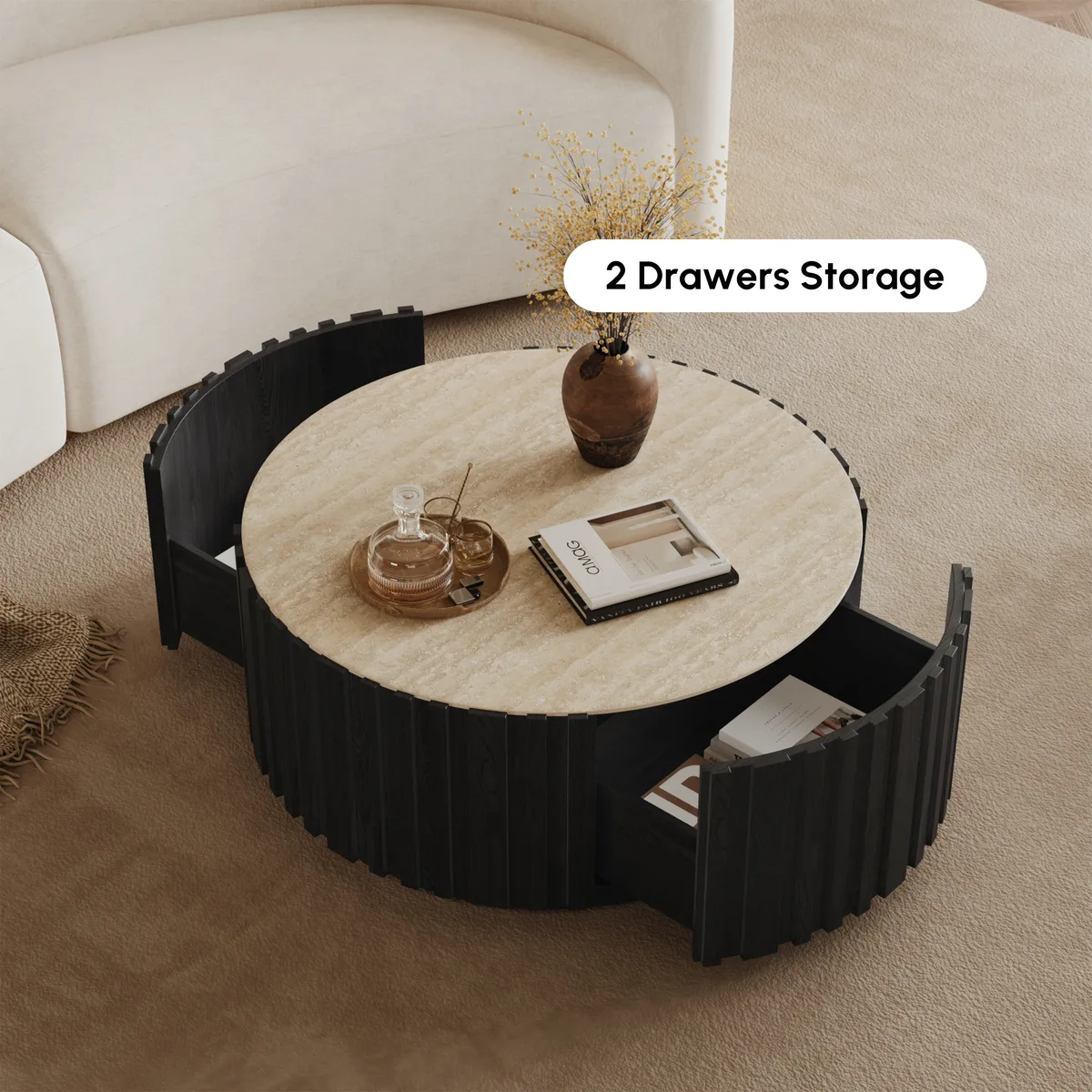 Aura 35" Ash Wood Slatted Round Coffee Table with Sintered Stone Top — image 8