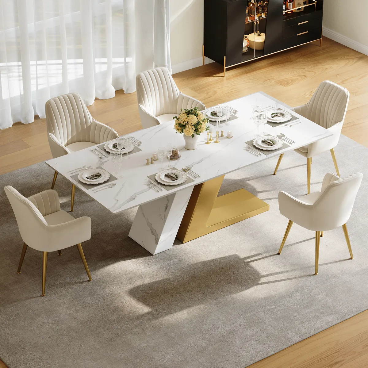 Modern 63" Rectangle Faux Marble Dining Table with 4 Chairs — image 12