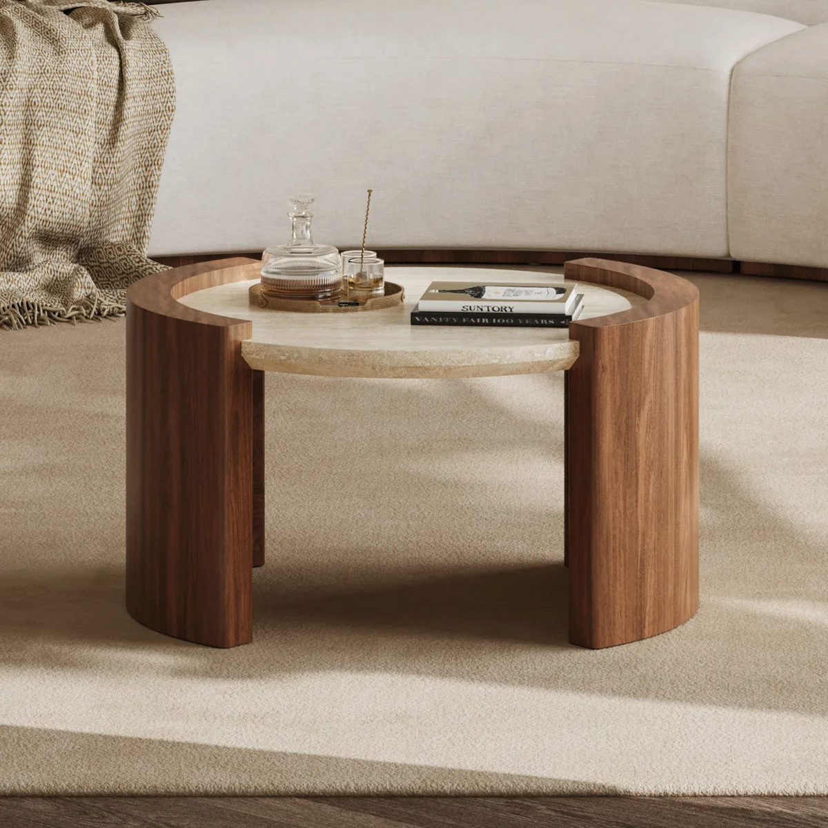 28" Walnut Round Coffee Table with Travertine Top — image 13
