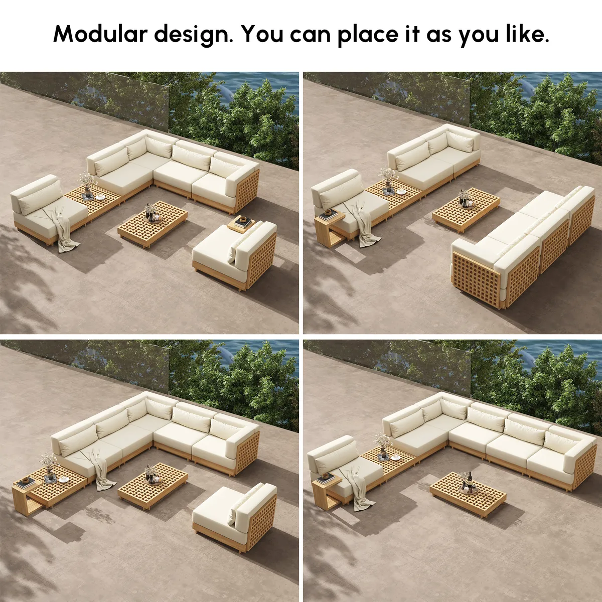 Grida 9-Piece Teak Luxury Modular L-Shaped Outdoor Patio Sectional Sofa Set in Gray with Coffee Table and Cushions — image 25