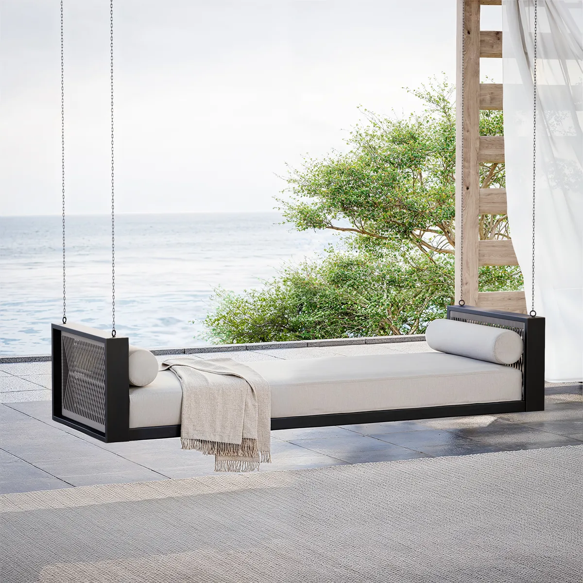 Patio Woven Rope Hanging Daybed Exterior Porch Swing Chair Sofa in Gray Cushion & Pillow Included — image 13