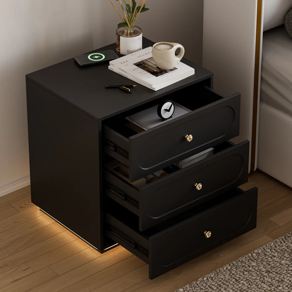 Modern Smart Nightstand with Light 2 Drawer Bedside Table with Charging Station — image 6