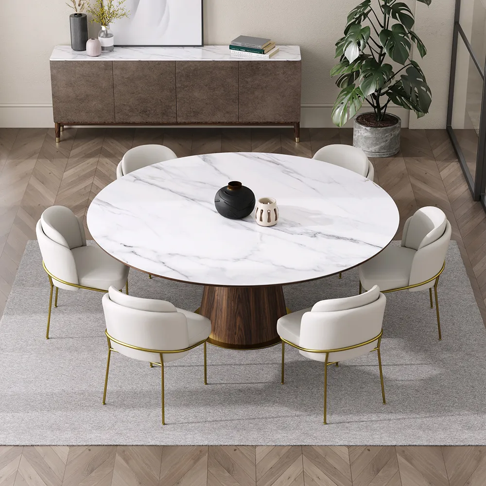 Dining Table Set 48" Round Dining Table White Faux Marble Top with 6 White Cotton & Linen Dining Chairs