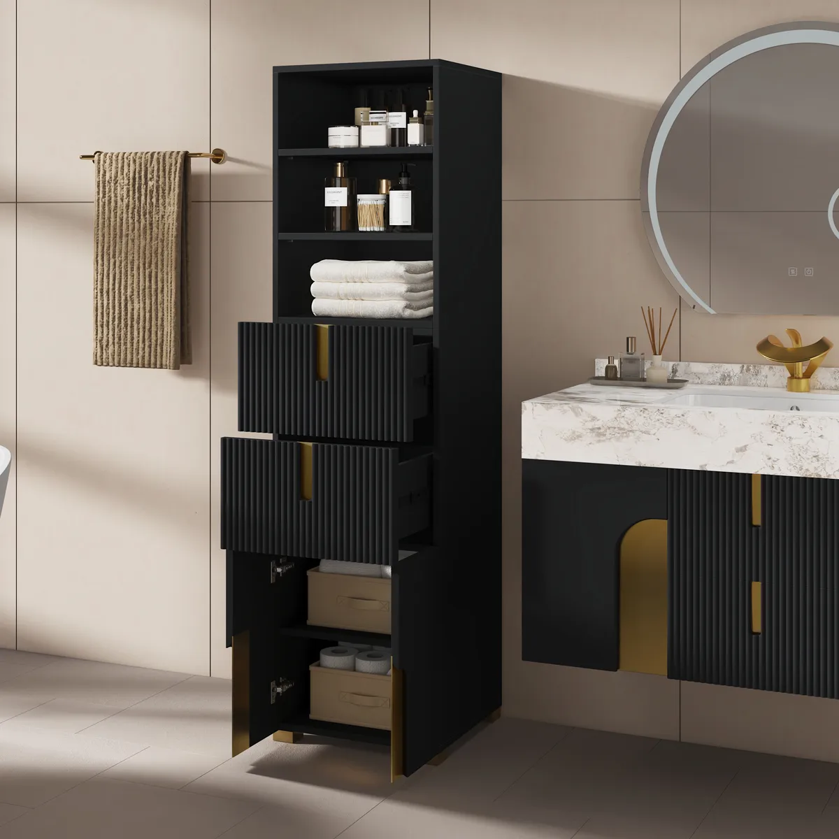 Artis 59" Bathroom Storage Cabinet – Freestanding Linen Tower with 2 Drawers & 2 Doors — image 10