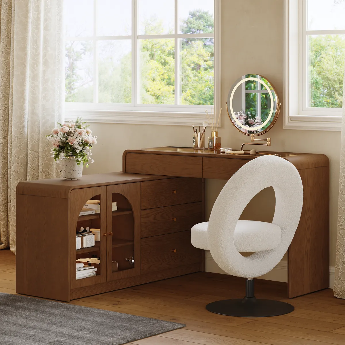 Mid Century Modern Extendable L-Shaped Makeup Vanity Dresser with LED Mirror(49"–91") — image 2
