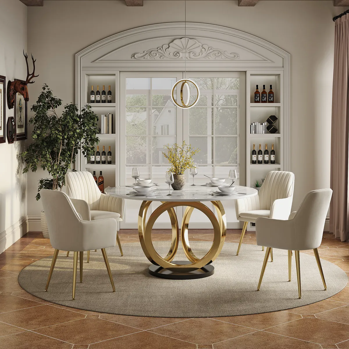Dining Table Set 53.1" Faux Marble Dining Table White with 4 Velvet Chairs Modern — image 13