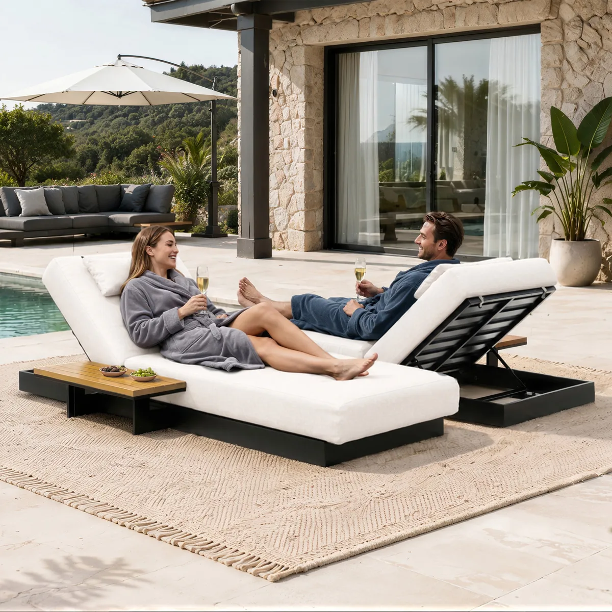 Tevara Single Outdoor Teak & Aluminum Adjustable Chaise Lounge with Black Cover — image 29
