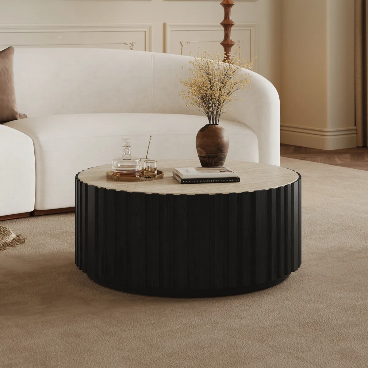 Aura 35" Ash Wood Slatted Round Coffee Table with Sintered Stone Top — image 2