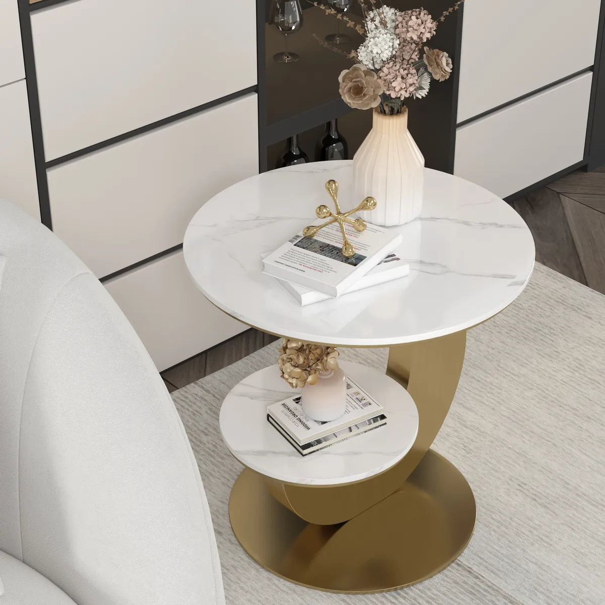 Round Faux Marble 2 Tier End Table Modern White & Gold Side Table — image 12