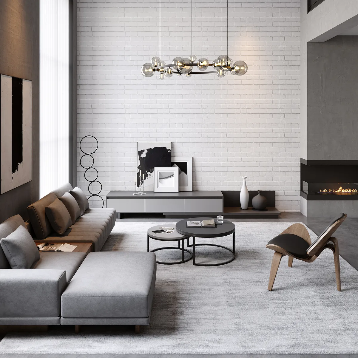 Living Room Cabinet Set Rectangle Gray Extendable TV Stand & Wood Round Nesting Coffee Table — image 10