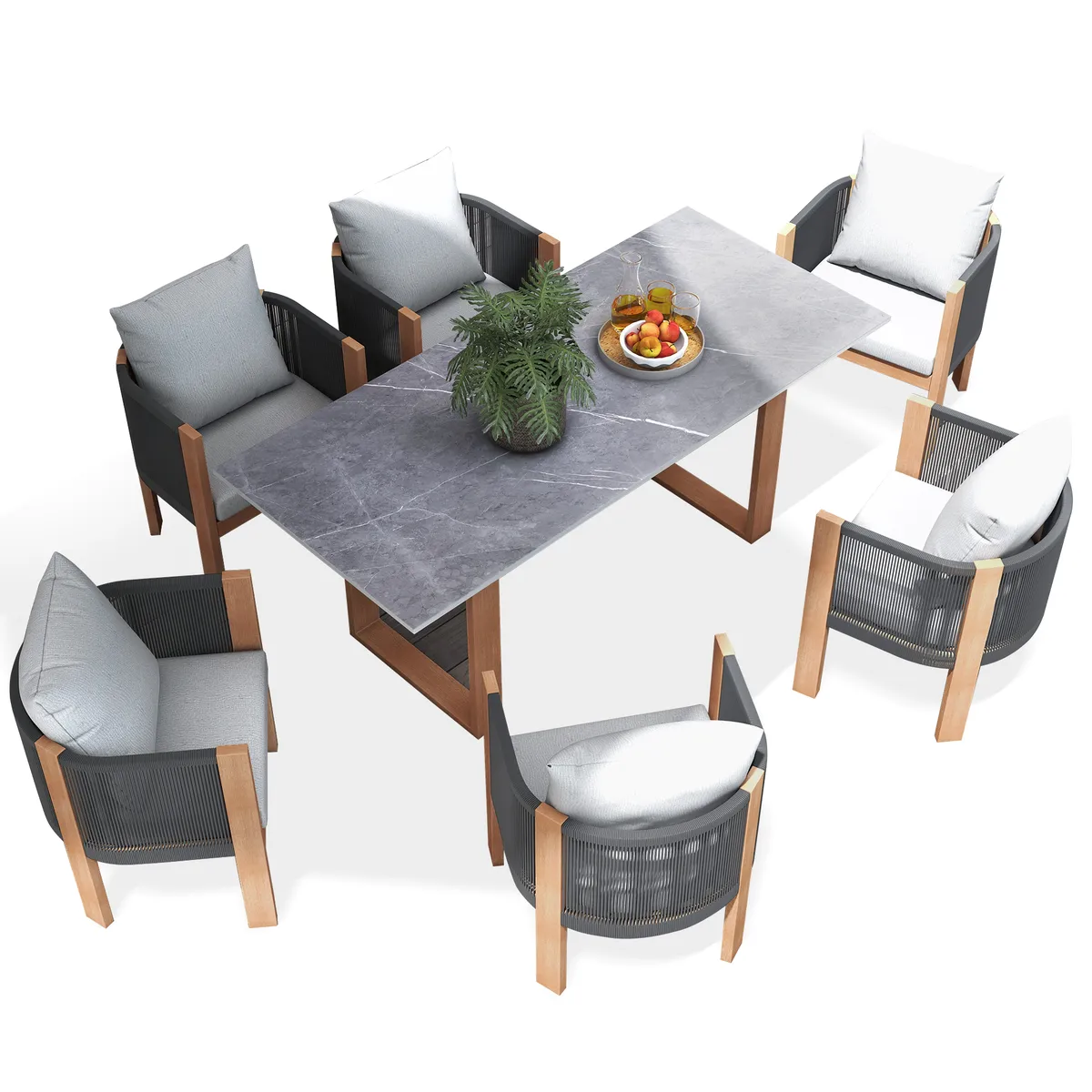 7 PCS 70.9" Faux Marble Outdoor Dining Table Set with Woven Rope Chairs in Gray for 6 Person Patio & Yard Large Marble Outdoor Dining Table with Chair — image 10