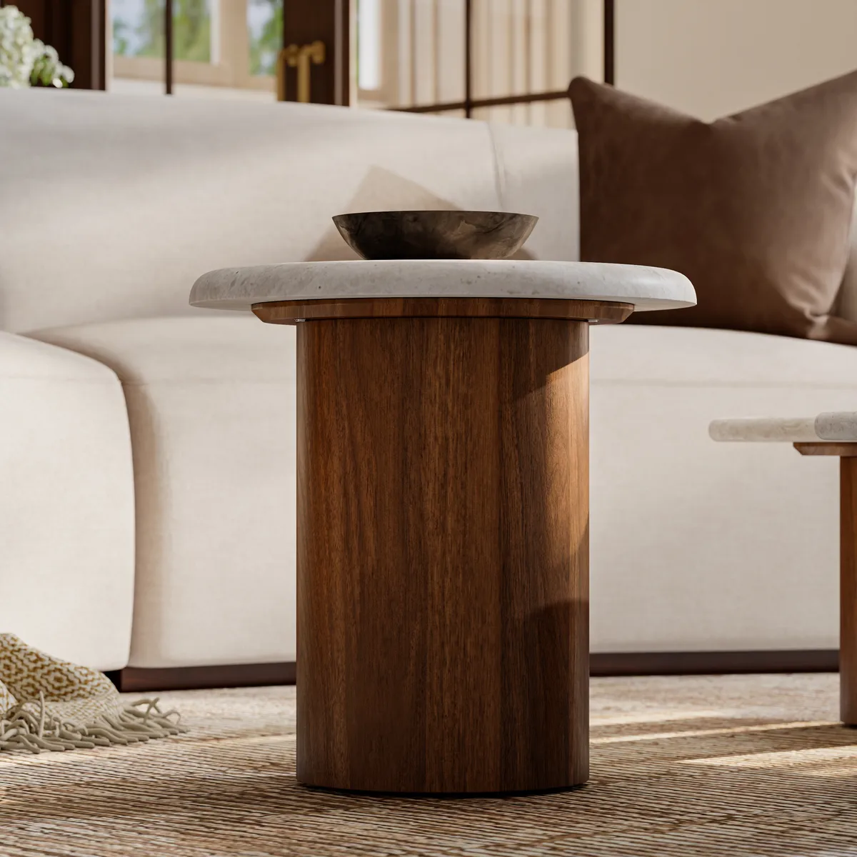 18"-47" Round Concrete Veneer Walnut Coffee Table Set — image 6
