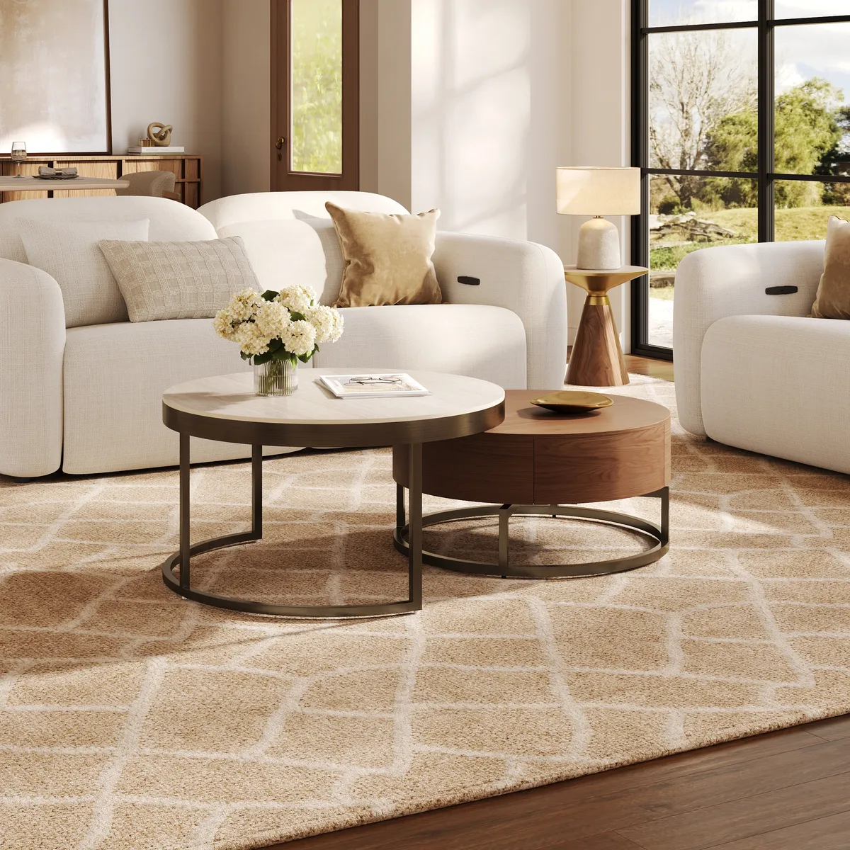 Nesnesis 28"-32" Round Nesting Walnut Coffee Table Set with Sintered Stone Top — image 7