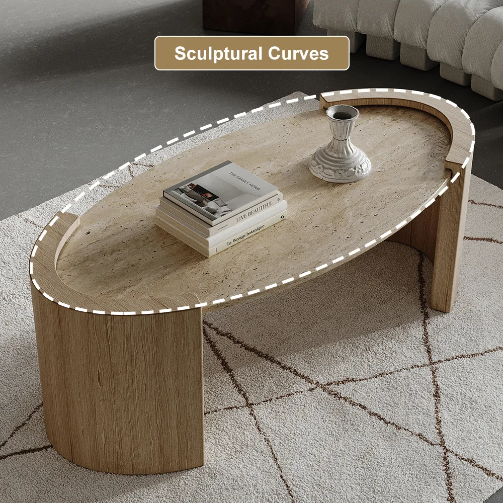 43" Japandi Oval Travertine Stone Top Coffee Table — image 6
