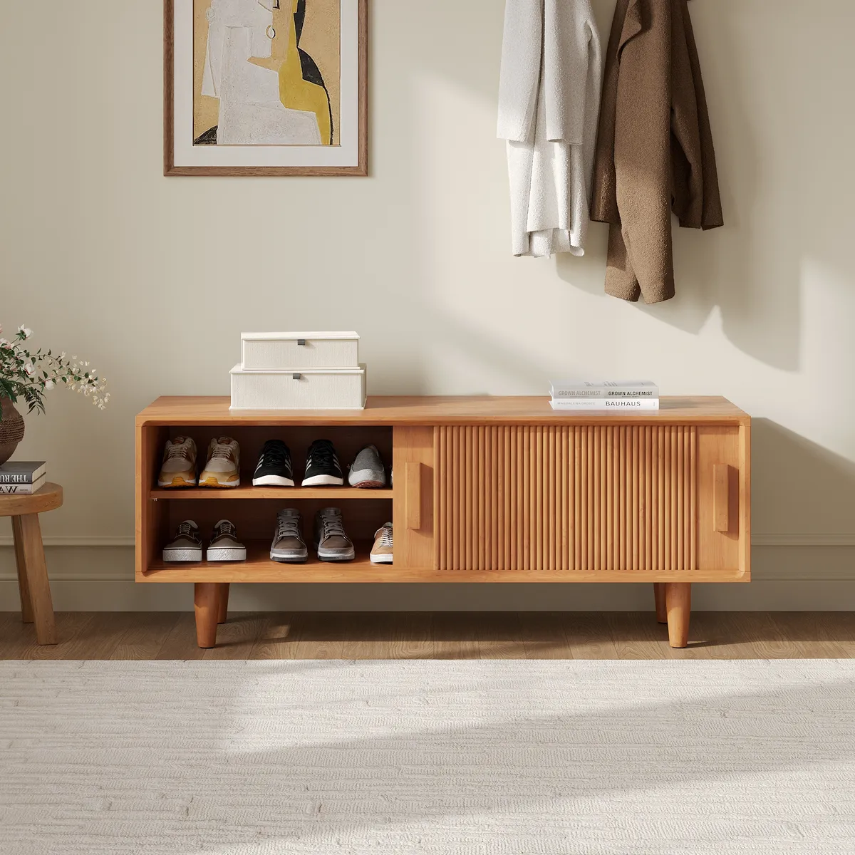 47.2" Solid Rubberwood Natural Entryway Bench with Storage — image 13