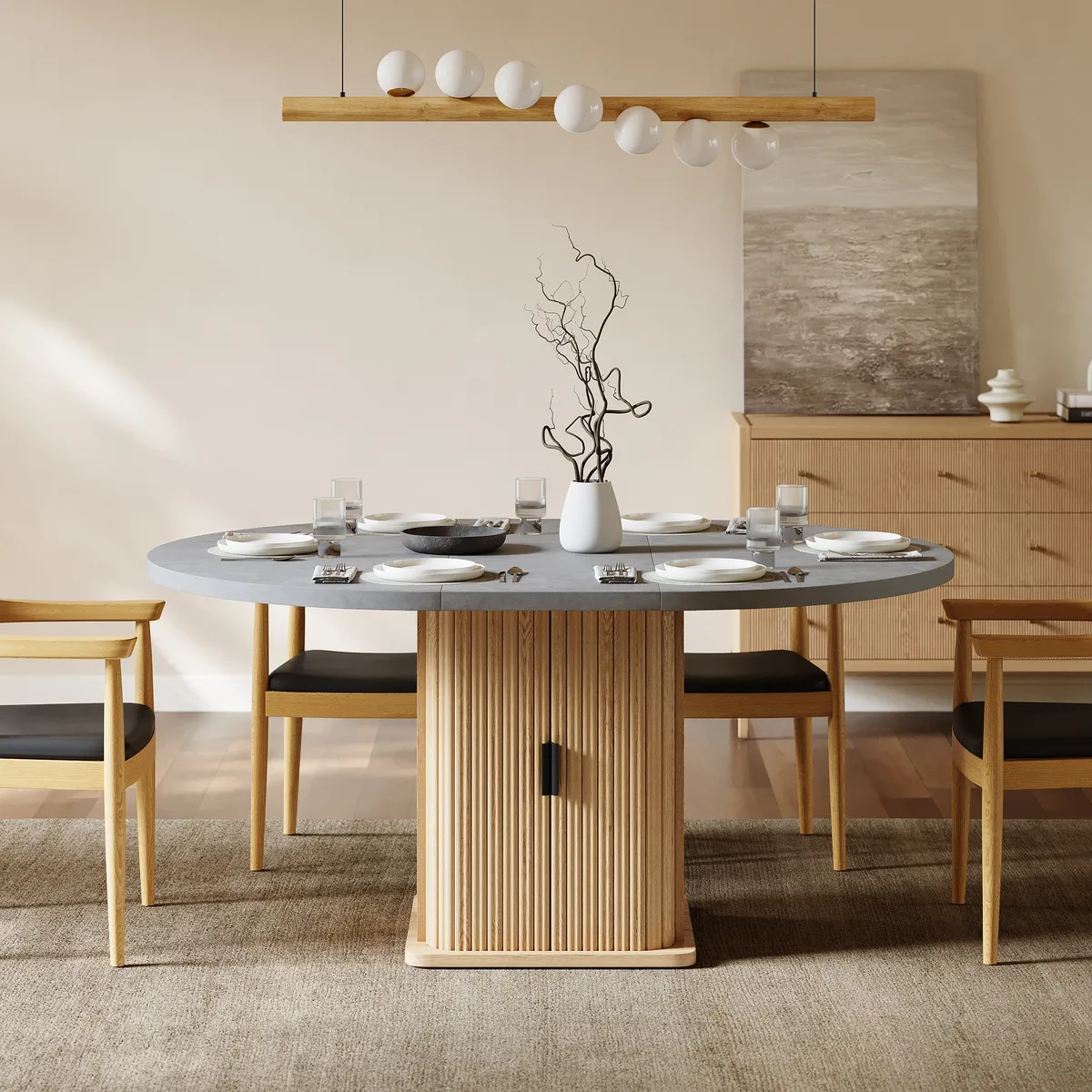 47"-63" Gray Extendable Dining Table Modern for 6 with Fluted Base & Storage — image 2