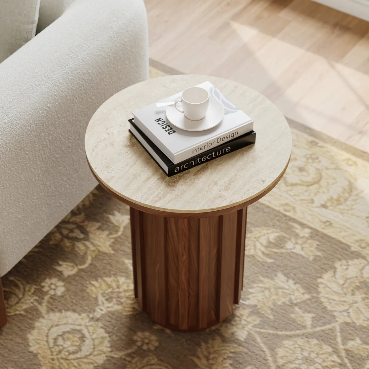 Aura Ash Wood Fluted Round Side Table with Sintered Stone Top — image 2
