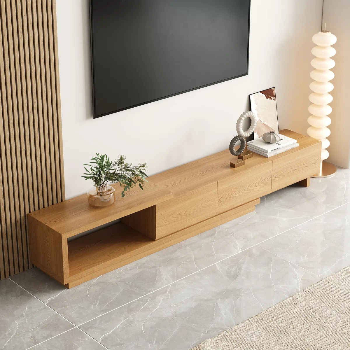 Quoint 100.4" Modern TV Stand Retracted & Extendable 3-Drawer Light Media Console — image 3