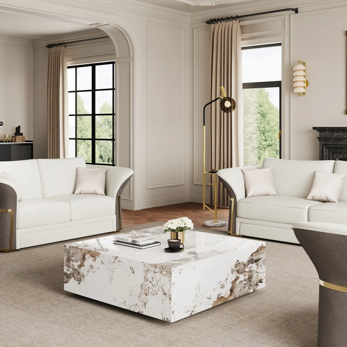 39" Square Sintered Stone Block Coffee Table With Storage Modern Off White Living Room Table — image 4