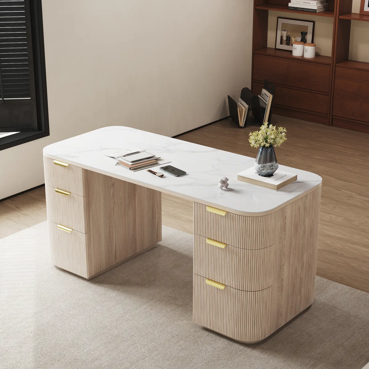 Walnut Ash Wood & Sintered Stone Rectangle Desk with 6 Drawers (63.8") — image 21