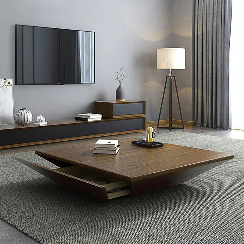Modern Black Wood Coffee Table with Storage Square Drum with Drawer