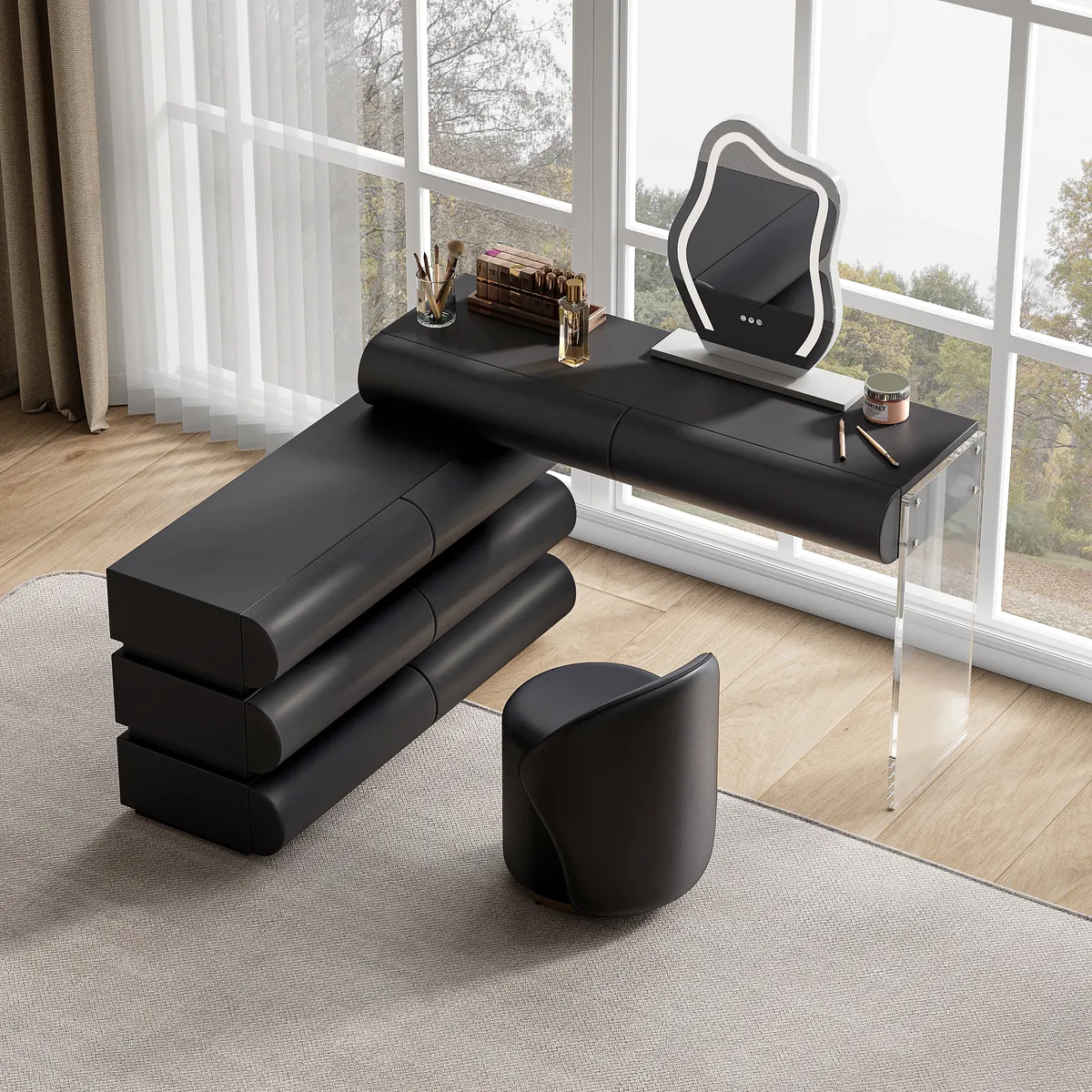 modern white PU leather dressing table set with stool and LED mirror — image 6