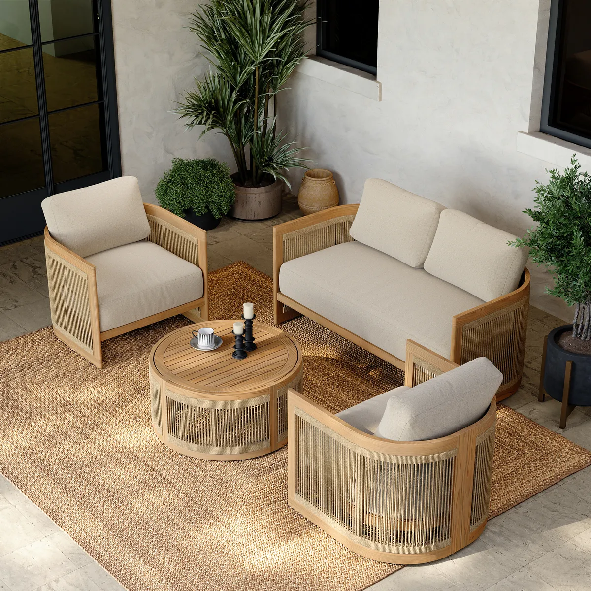 4-Piece Outdoor Teak & Rope Weave Sofa Set with Coffee Table