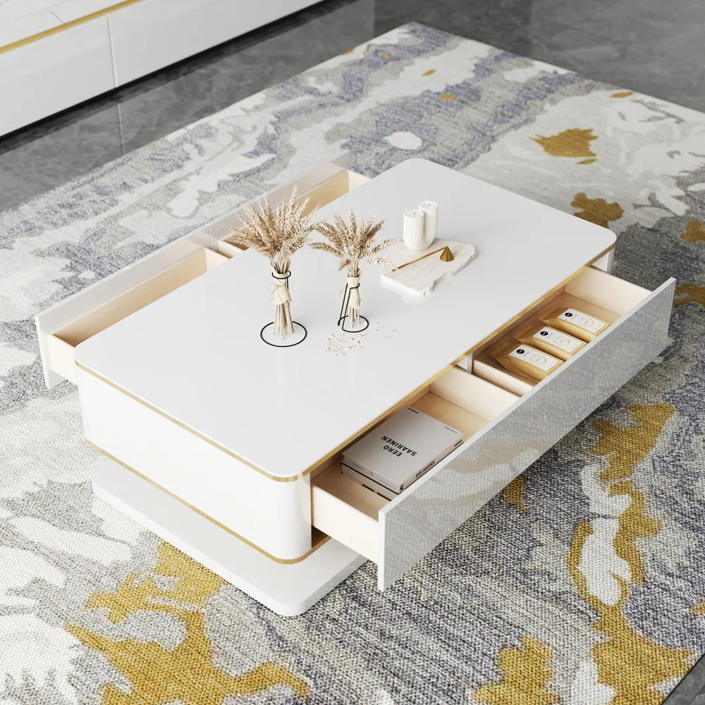 Gapn 51" White Rectangular Coffee Table with Storage 4 Drawers Tempered Glass Top — image 4