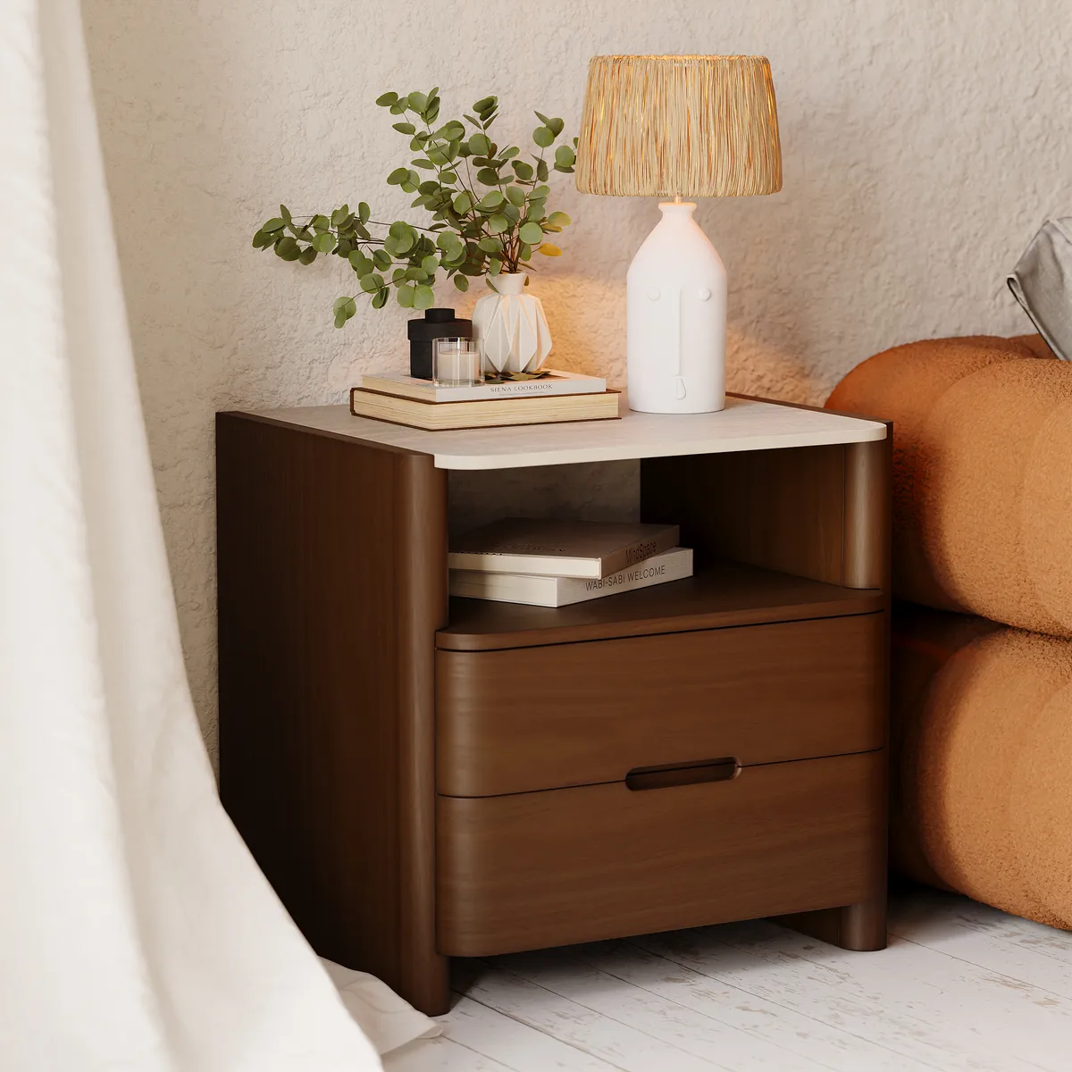 Modern Sintered Stone Top Nightstand with Drawers &
