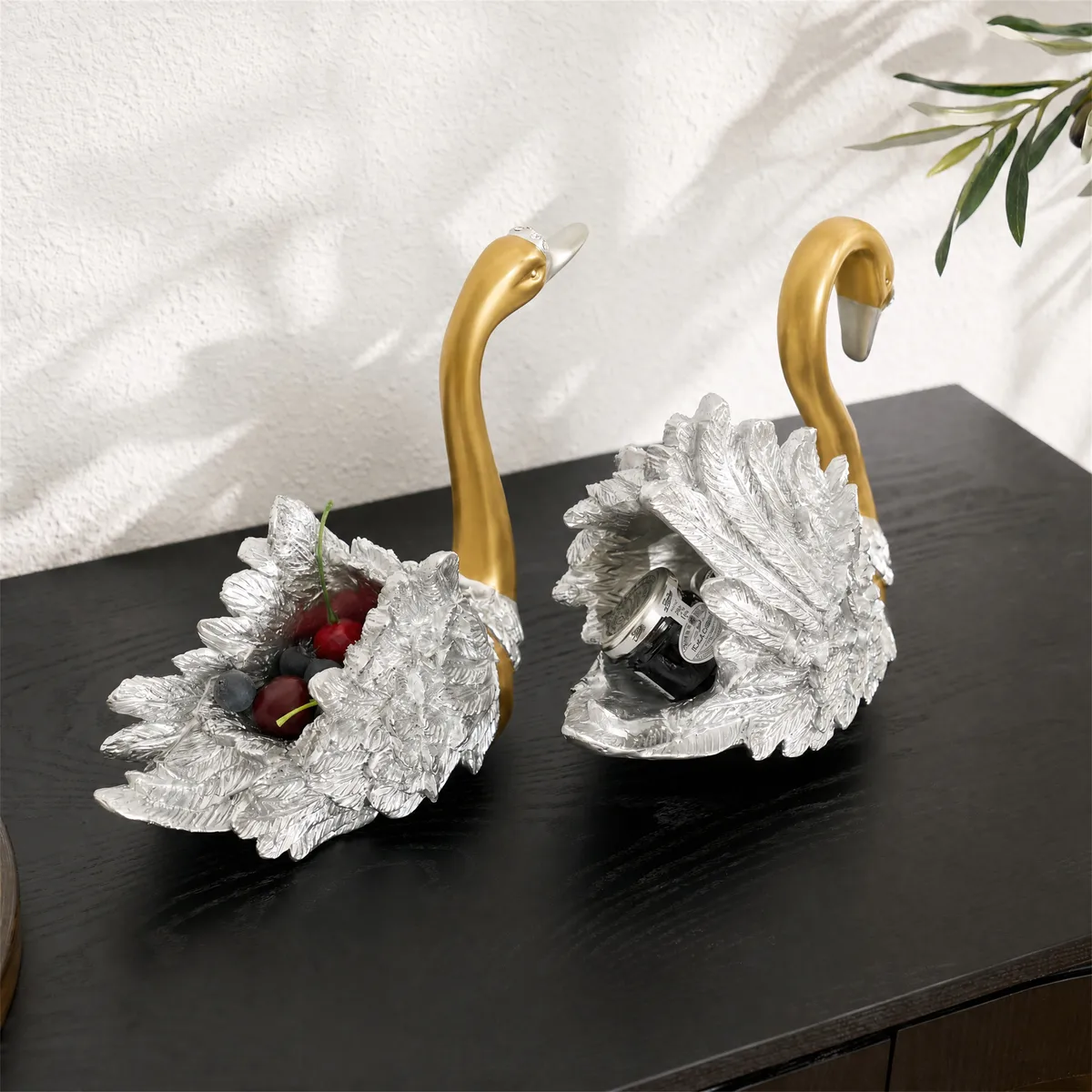 2-Piece Resin Swan Figurines, Black & Gold Decorative Storage Set — image 13