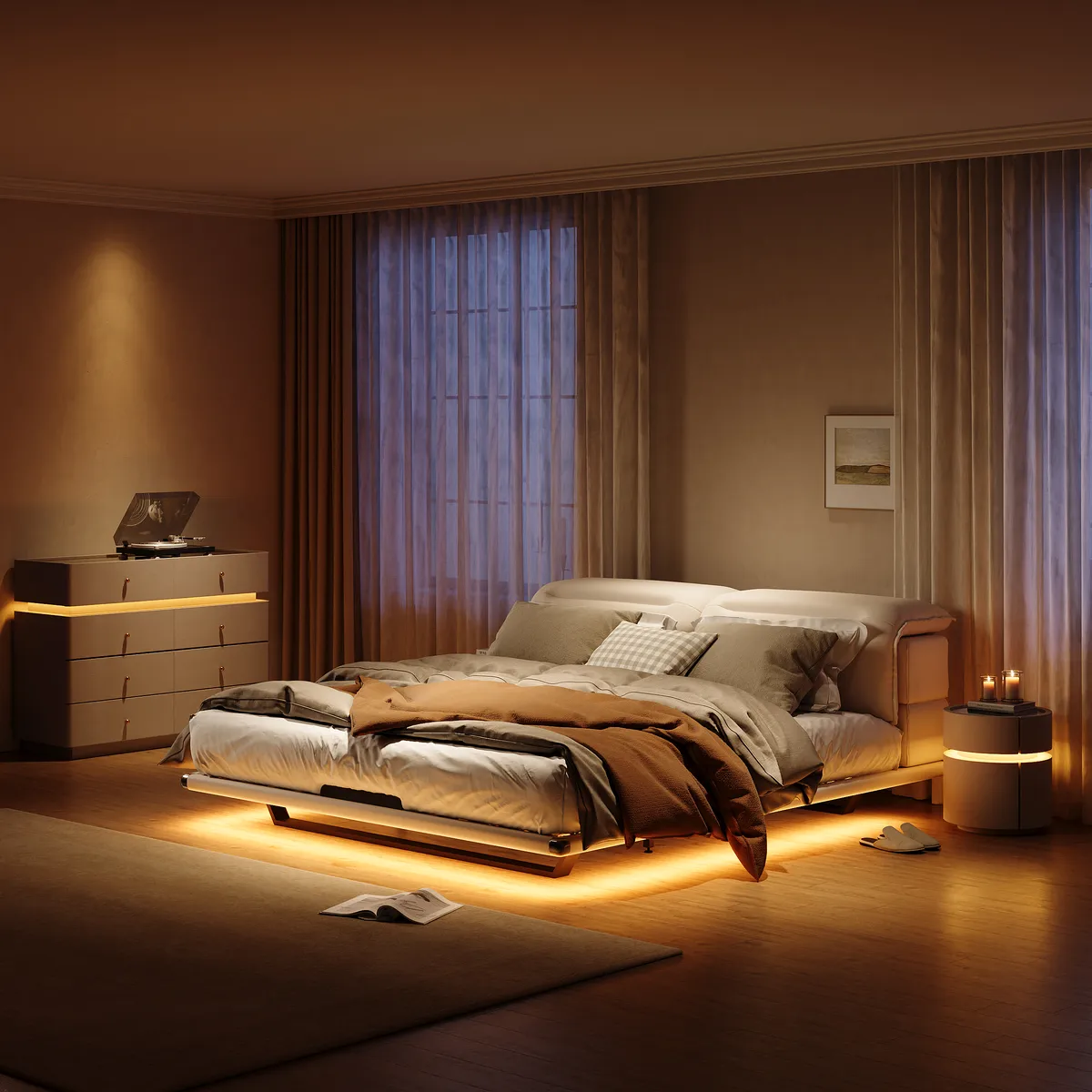 Modern King Size Floating Bed Frame with Light & Adjustable Headboard — image 14