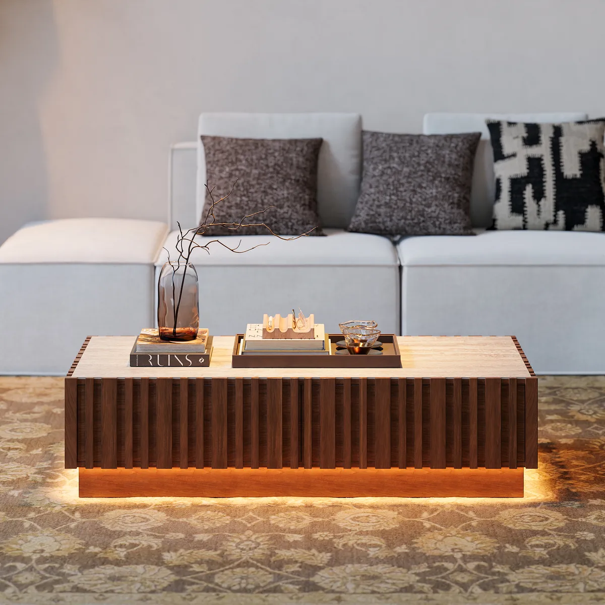 Aura TV Stand Set of Ash Wood Slatted TV Stand & Coffee Table with Sintered Stone Top — image 9